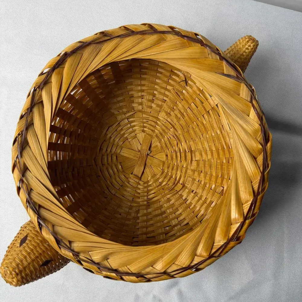 VTG Woven Bamboo Rattan Figural Turtle Basket Carved Wood Feet 10